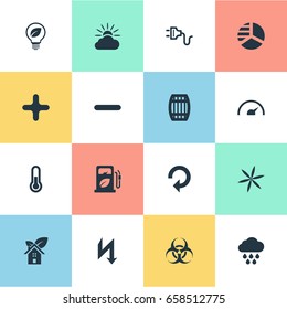 Vector Illustration Set Of Simple Power Icons. Elements Cask, Floret, Cross And Other Synonyms Save, Fahrenheit And Barrel.