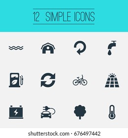 Vector Illustration Set Of Simple Power Icons. Elements Petrol, Naval, Leaking Faucet And Other Synonyms Recycle, Panel And House.