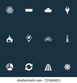 Vector Illustration Set Of Simple Power Icons. Elements Plug, Diagram, Solar Energy And Other Synonyms Chart, Overcast And Sunlight.