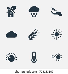 Vector Illustration Set Of Simple Power Icons. Elements Volume, Wheat, Cloudburst And Other Synonyms Overcast, Rain And Sun.