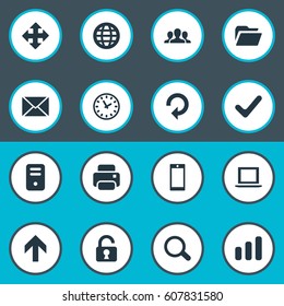 Vector Illustration Set Of Simple Practice Icons. Elements Notebook, Magnifier, Printout And Other Synonyms Up, Zoom And Padlock.
