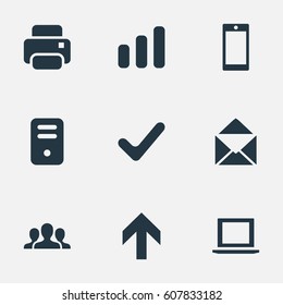 Vector Illustration Set Of Simple Practice Icons. Elements Smartphone, Envelope, Statistics And Other Synonyms Chart, Cellphone And Arrow.