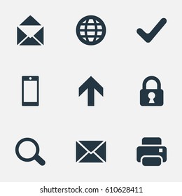 Vector Illustration Set Of Simple Practice Icons. Elements Lock, Upward Direction, Web And Other Synonyms Touchscreen, Print And Closed.