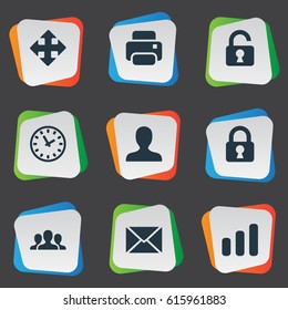 Vector Illustration Set Of Simple Practice Icons. Elements Message, User, Arrows And Other Synonyms Envelope, Open And Enlarge.