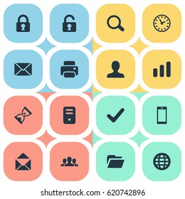 Vector Illustration Set Of Simple Practice Icons. Elements Magnifier, Computer Case, User And Other Synonyms Invitation, Mailing And Check.