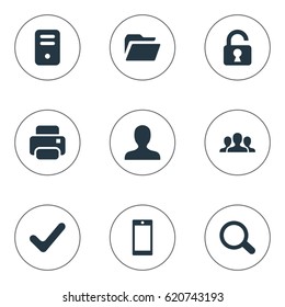 Vector Illustration Set Of Simple Practice Icons. Elements Check, Community, Dossier And Other Synonyms Touchscreen, Print And Team.