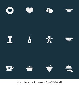 Vector Illustration Set Of Simple Preparation Icons. Elements Balsamic Vinegar, Passion, Saucepan And Other Synonyms Haute, Christmas And Hat.