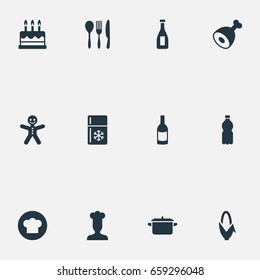 Vector Illustration Set Of Simple Preparation Icons. Elements Cooking Uniform, Plastic Bottle, Saucepan And Other Synonyms Beverage, Cook And Refrigerator.