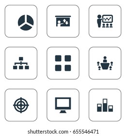 Vector Illustration Set Of Simple Presentation Icons. Elements Analytics, Coach, Goal And Other Synonyms Pie, Organization And Display.