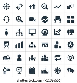 Vector Illustration Set Of Simple Presentation Icons. Elements Camera, Projecting Device, Goal And Other Synonyms Up, Board And Group.