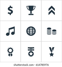 Vector Illustration Set Of Simple Prize Icons. Elements Trophy, Money, Melody And Other Synonyms Graphic, Diagram And Achieve.