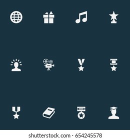 Vector Illustration Set Of Simple Prize Icons. Elements Honor, Medal, Literature And Other Synonyms Champion, Student And Melody.