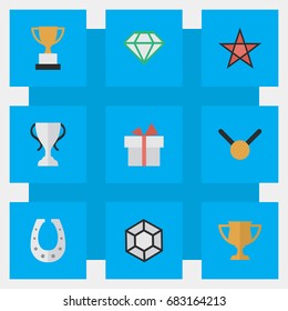 Vector Illustration Set Of Simple Prize Icons. Elements Metal, Award, First And Other Synonyms Brilliant, Metal And Medal.