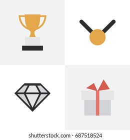 Vector Illustration Set Of Simple Prize Icons. Elements Diamond, Medal, Goblet And Other Synonyms Brilliant, Precious And Goblet.