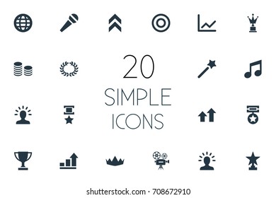 Vector Illustration Set Of Simple Prize Icons. Elements Miracle, Medal, Trophy And Other Synonyms World, Wand And Coins.