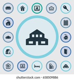 Vector Illustration Set Of Simple Property Icons. Elements Building, Family In House, Bed And Other Synonyms Key, Protection And Furniture.