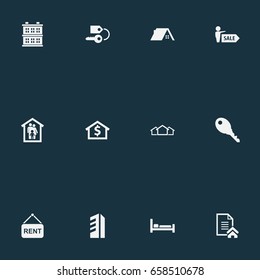 Vector Illustration Set Of Simple Property Icons. Elements Capital, Family In House, Building And Other Synonyms Residental, Building And Stock.