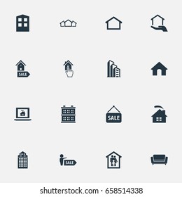 Vector Illustration Set Of Simple Property Icons. Elements Advertising, Eco-Homes, Construction And Other Synonyms Laptop, Property And Database.
