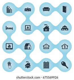 Vector Illustration Set Of Simple Property Icons. Elements Residence, Structure, Apartment And Other Synonyms Database, Door And Investment.