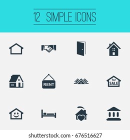 Vector Illustration Set Of Simple Property Icons. Elements Lease Information, Partnership, Ancient Temple And Other Synonyms Lease, Board And Architecture.