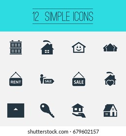 Vector Illustration Set Of Simple Property Icons. Elements Smiley Casa, Advertising, Property And Other Synonyms Agent, Insurance And Property.