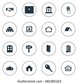 Vector Illustration Set Of Simple Property Icons. Elements High-Rise, Choose, Doghouse And Other Synonyms Entrance, Sale And Hut.