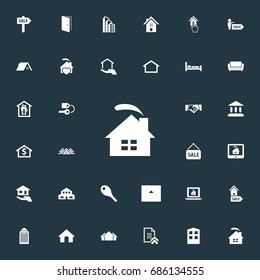 Vector Illustration Set Of Simple Property Icons. Elements Glass Tower, Capital, Contract And Other Synonyms Deal, Laptop And Key.