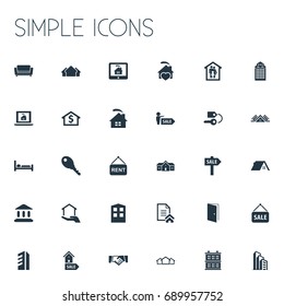 Vector Illustration Set Of Simple Property Icons. Elements Advertising, Glass Tower, Comfort And Other Synonyms Lock, Monitor And Broker.