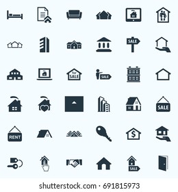 Vector Illustration Set Of Simple Property Icons. Elements Structure, Bed, Online Property And Other Synonyms Cabin, Greek And Lease.