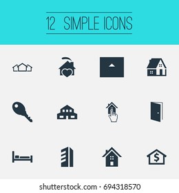 Vector Illustration Set Of Simple Property Icons. Elements Eco-Homes, Bed, Capital And Other Synonyms Townhouse, Barn And 3.