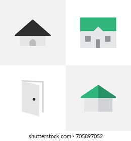 Vector Illustration Set Of Simple Property Icons. Elements Base, Entry, Architecture And Other Synonyms Door, Building And Entry.