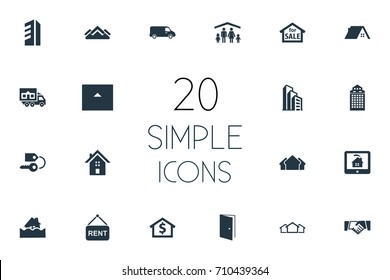 Vector Illustration Set Of Simple Property Icons. Elements Open Door, People, High-Rise And Other Synonyms Eco, Ticket And Residental.