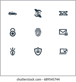 Vector Illustration Set Of Simple Protection Icons. Elements Security, Protector, Top Secret And Other Synonyms Hand, Safeguard And Car.