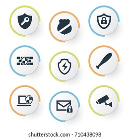 Vector Illustration Set Of Simple Protection Icons. Elements Under Protection, Surveillance, Guard And Other Synonyms Protection, Camera And Security.