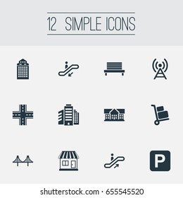 Vector Illustration Set Of Simple Public Icons. Elements Skyscraper, Kiosk, Intersection And Other Synonyms Area, Megapolis And Stall.
