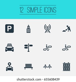 Vector Illustration Set Of Simple Public Icons. Elements Connection, Passenger Transportation, Signal Transmitter And Other Synonyms Navigation, Transmitter And Rope.