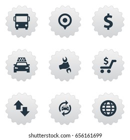 Vector Illustration Set Of Simple Public Icons. Elements Auto Service, Professional Mechanic, Cab And Other Synonyms Opposite, International And Arrows.