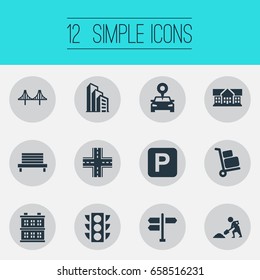 Vector Illustration Set Of Simple Public Icons. Elements Semaphore, Location, Intersection And Other Synonyms Cart, Park And Direction.