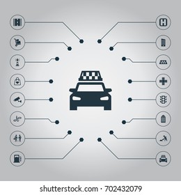 Vector Illustration Set Of Simple Public Icons. Elements Petrol-Station, Digging Worker, Way And Other Synonyms Camera, Supervision And Beacon.