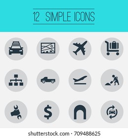 Vector Illustration Set Of Simple Public Icons. Elements Economy, Reconstruction, Auto Service And Other Synonyms Tunnel, Economy And Travel.