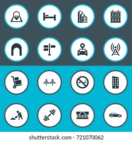 Vector Illustration Set Of Simple Public Icons. Elements Bed, Megapolis, Connection And Other Synonyms Laborer, Bed And Weight.