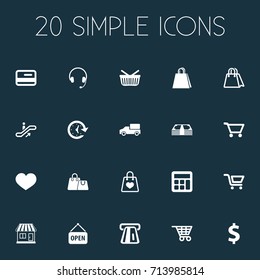 Vector Illustration Set Of Simple Purchase Icons. Elements Boutique, Moving Staircase, Shipping And Other Synonyms Coin, Basket And Welcome.
