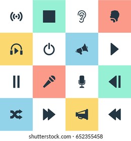 Vector Illustration Set Of Simple Radio Icons. Elements Previous, Studio Microphone, Loudspeaker And Other Synonyms Control, Loud And Stage.