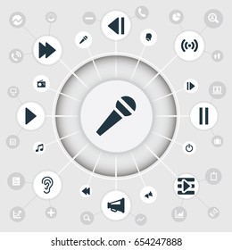 Vector Illustration Set Of Simple Radio Icons. Elements Loudspeaker, Next, Stop And Other Synonyms Speak, Protest And Deafness.