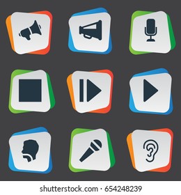 Vector Illustration Set Of Simple Radio Icons. Elements Studio Microphone, Loudspeaker, Speech And Other Synonyms Communication, Command And Loud.