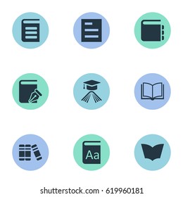 Vector Illustration Set Of Simple Reading Icons. Elements Bookshelf, Tasklist, Sketchbook And Other Synonyms Literature, Sketchbook And Note.