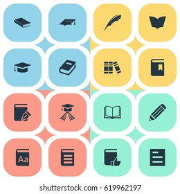 Vector Illustration Set Of Simple Reading Icons. Elements Plume, Encyclopedia, Alphabet And Other Synonyms Note, Sketchbook And Graduation.