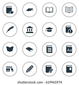 Vector Illustration Set Of Simple Reading Icons. Elements Plume, Sketchbook, Alphabet And Other Synonyms Book, Academy And Textbook.