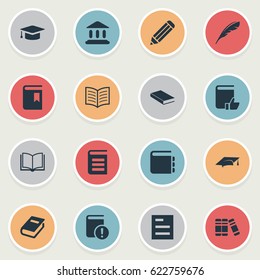 Vector Illustration Set Of Simple Reading Icons. Elements Encyclopedia, Academic Cap, Bookshelf And Other Synonyms Literature, Note And List.