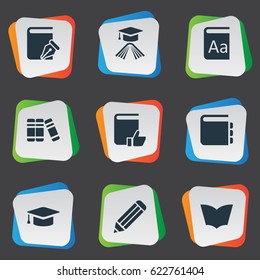 Vector Illustration Set Of Simple Reading Icons. Elements Recommended Reading, Sketchbook, Reading And Other Synonyms Pencil, Journal And Sketchbook.